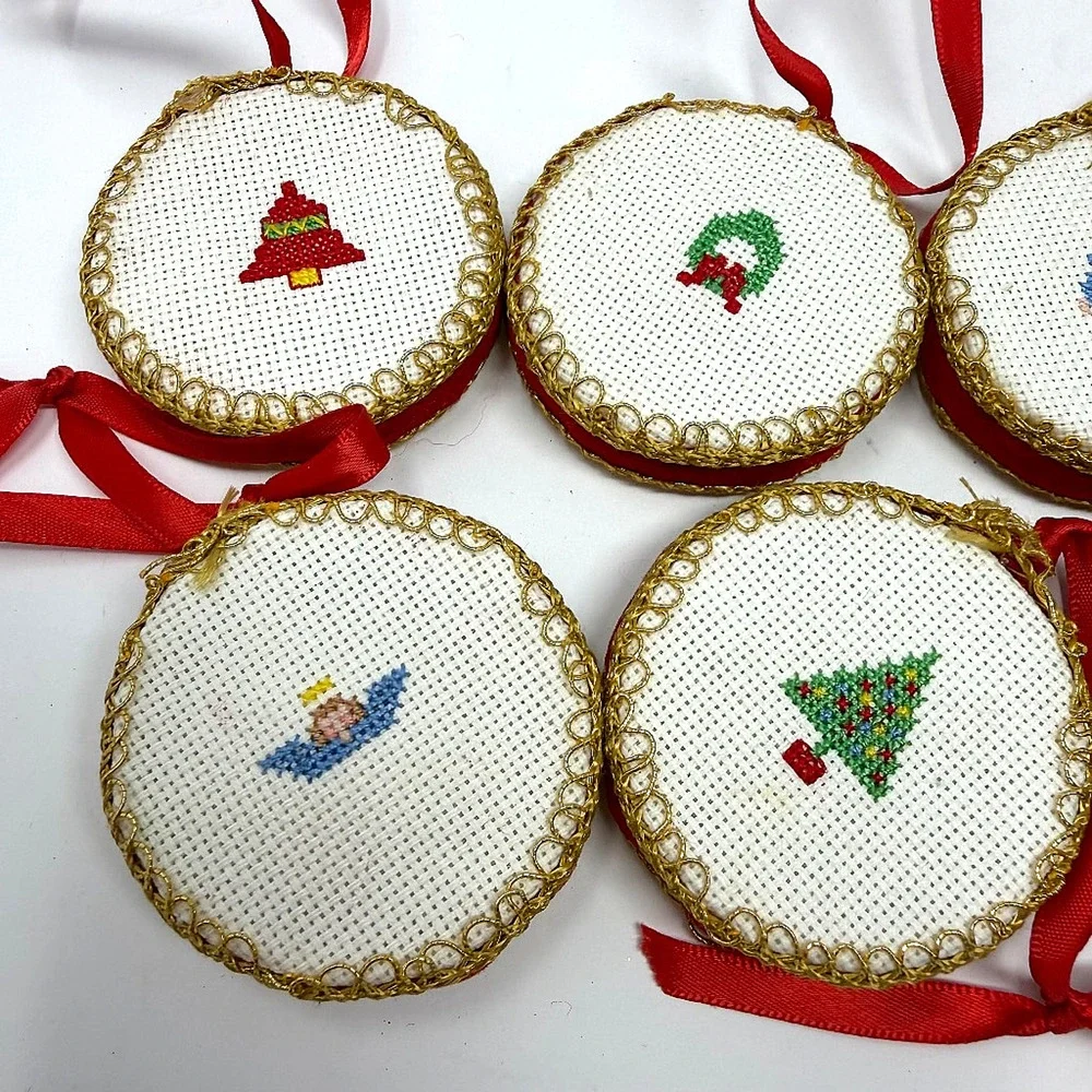 Lot of 6 Vintage Handmade Cross Stitch Christmas Ornaments 2